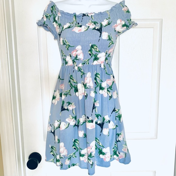 Sky Blue and Blush Pink Flowers Cotton Mini Dress Women’s Sz L - Picture 4 of 10